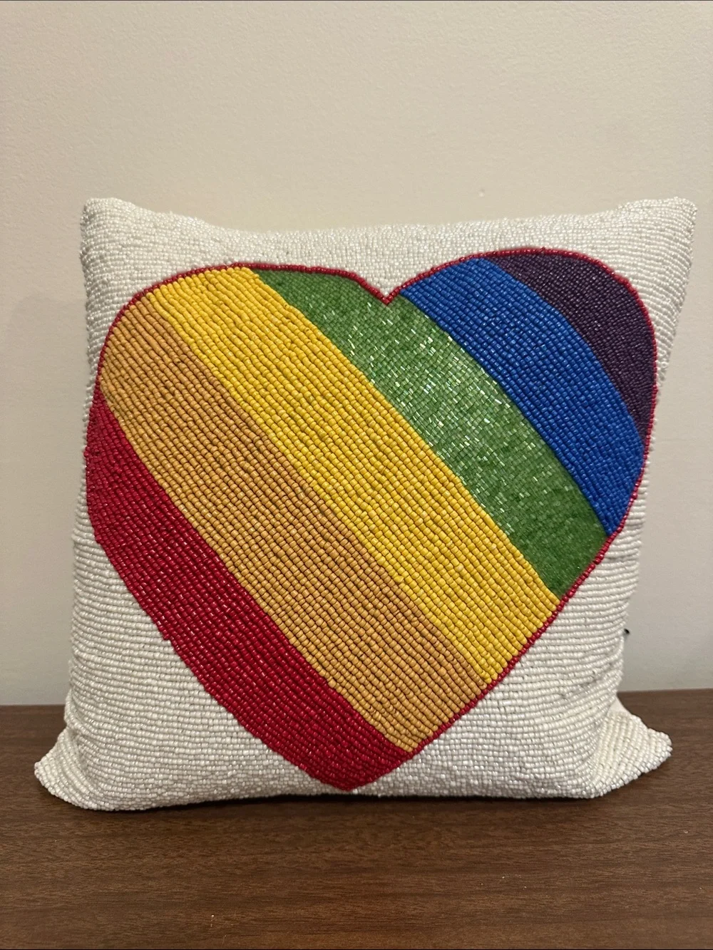 Love Beaded Pillow with Rainbow Accent - White and Multicolor